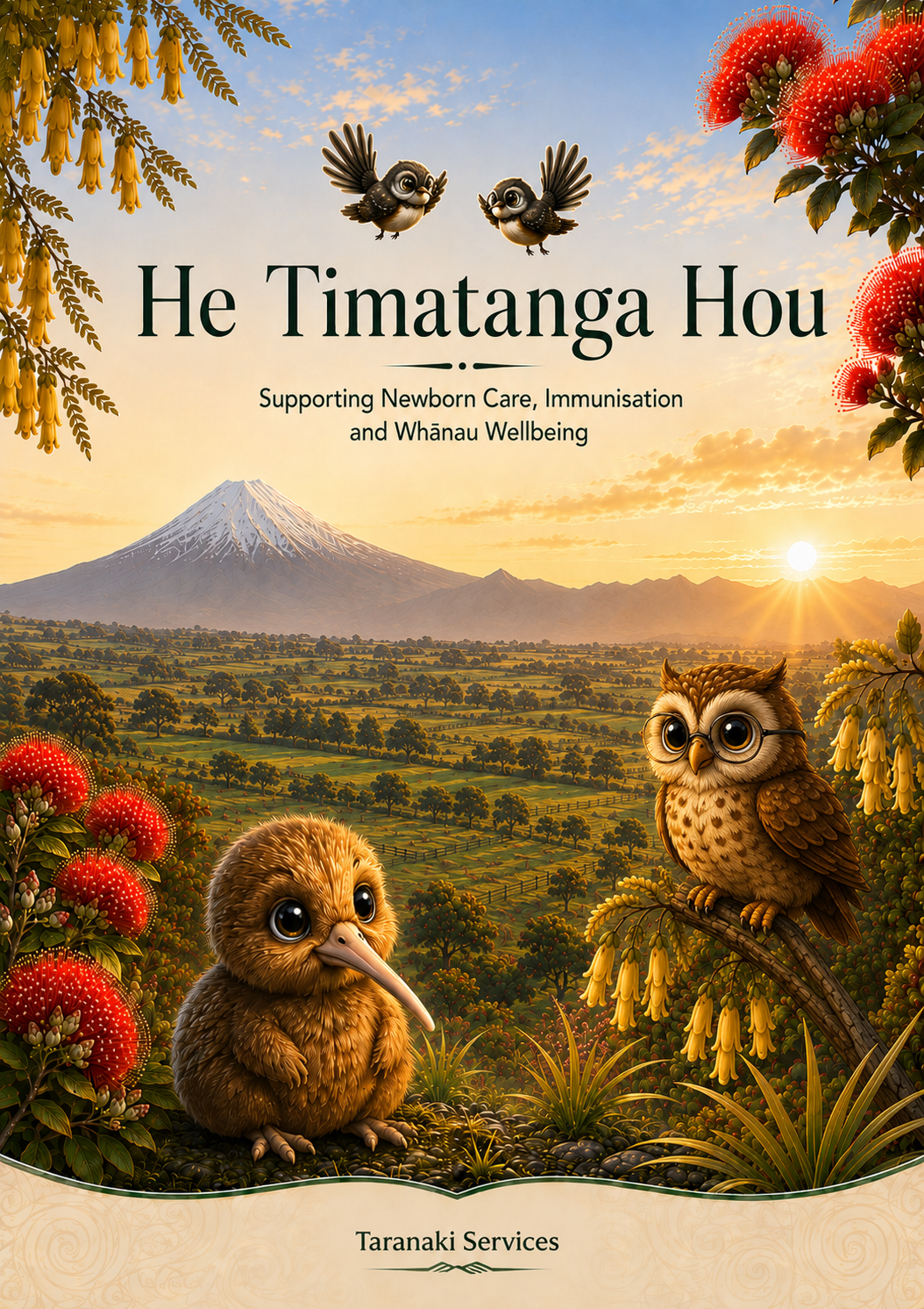 Booklet cover- mountain, owl, kiwi, green fields