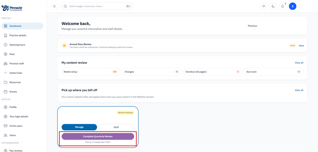 Practice update dashboard screenshot